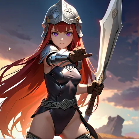 Masterpiece, hd, high resolution, high quality, best quality, super detailed. Solo character alone, multiple views. Fantasy art.
{{(A 20-years-old barbarian-girl:(appearance: messed-medium-length-scarlet-red-hair. purple-eyes with black-pupils. Beautiful-c...