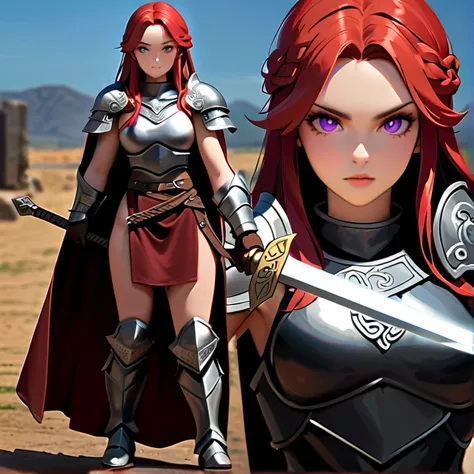 Masterpiece, hd, high resolution, high quality, best quality, super detailed. Solo character alone, multiple views. Fantasy art.
{{(A 20-years-old barbarian-girl:(appearance: messed-medium-length-scarlet-red-hair. purple-eyes with black-pupils. Beautiful-c...