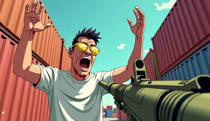 View from afar,  A man in a white t-shirt wearing gold round sunglasses raises his hands in horror as if he gives up, Ill shoot from under the camera how an RPG sticks out of first-person shooters ,the background of port shipping containers , in cartoon st...