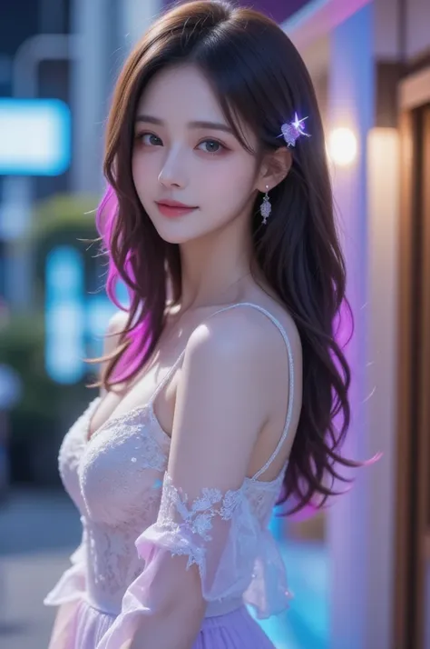  Beautiful Virtual Idols  ,  Detailed Digital Avatars  ,  Bright Holographic Figure , Clear Sparkling Skin  ,  detailed facial features , Cute smile , Delicate expression,  Long Flowing Hair ,  elegant pose  ,  Surreal Futuristic Environments  ,  Polygonal...