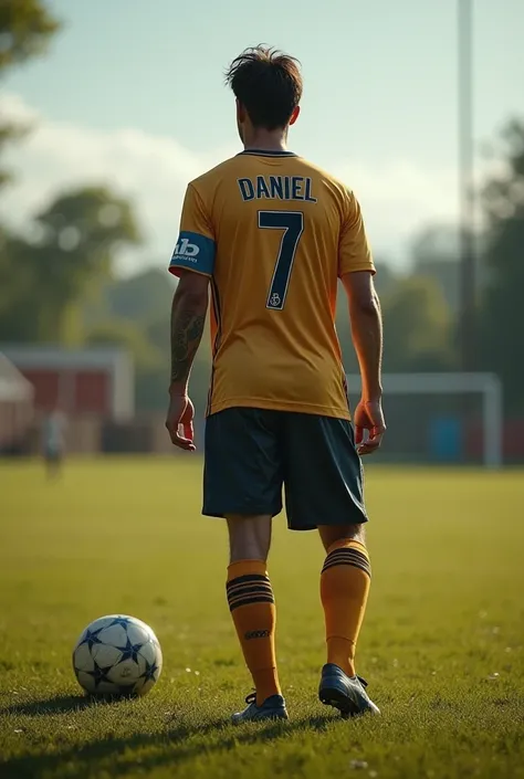 Player with number 7 with the name Daniel on his back in a humble field
