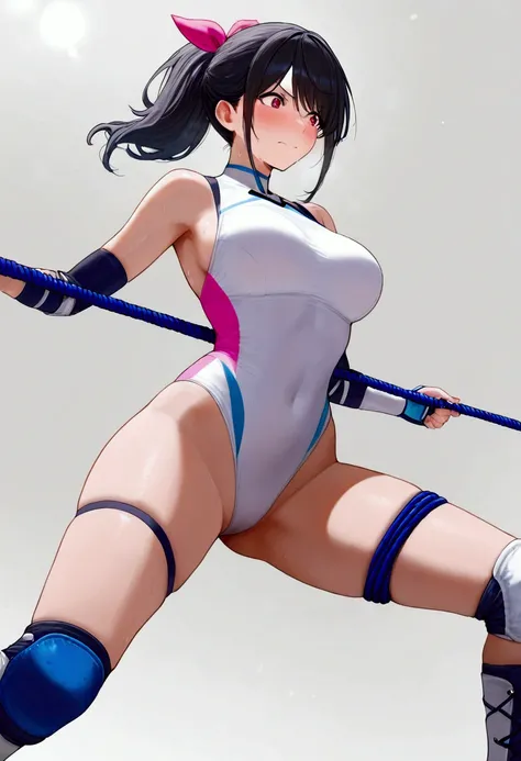 ((((masterpiece)))), (( unity 8k wallpaper,  photorealistic , ((  detailed face  )), ((nsfw)),  pro wrestling girl with floating legs ,Umezaki Haruka  ,Pain々Funny face, ponytail,ribbon, pure white leotard ,Elbow guard,  leg protector  ,  There are 3 ropes ...