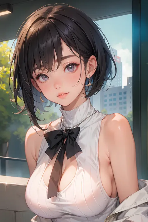 (nsfw:1.1)、(Big Breasts:1.3)、(( beautiful face close-up ))、(Bare arms、Bare shoulders、White sleeveless sweater、 white turtleneck sweater)、( black hair、Short Hair、 belly short、 boyish )、((The background is Ikebukuro Station 、In the downtown area))、 gentle sm...