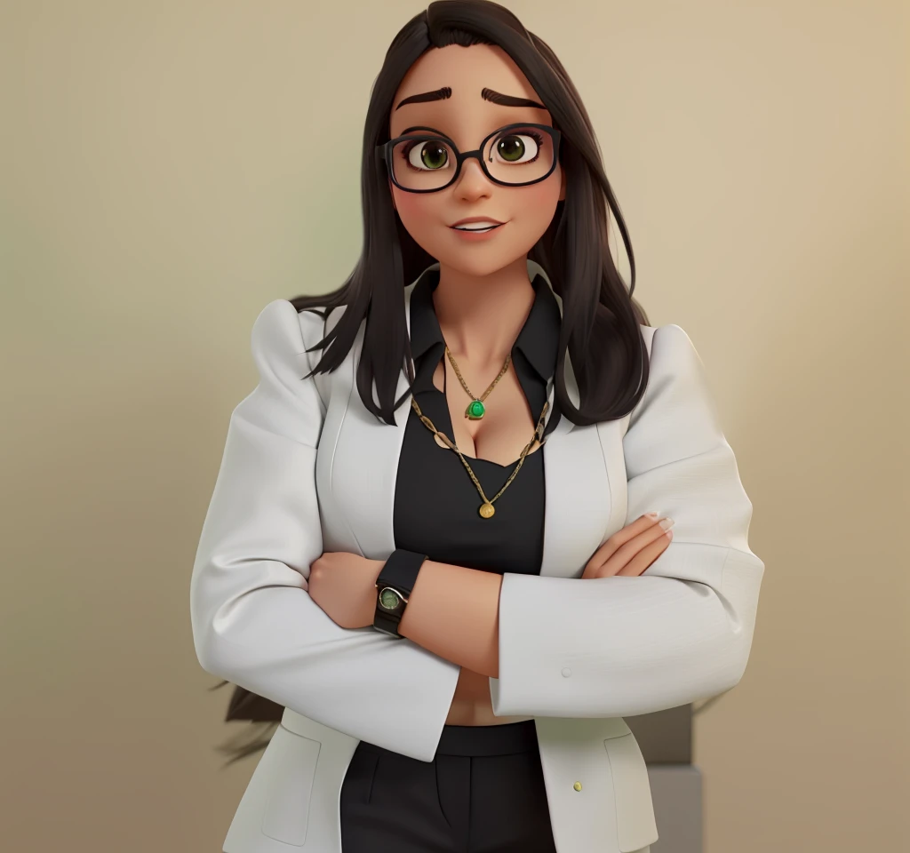 A woman lawyer, Young, serious, busty boobs, Chic and wise, with long, straight dark hair, black eyes, bulging eyes and big mouth, with black dress pants, black blouse and green flag blazer, of prescription glasses with brown frame with ounce, black high h...