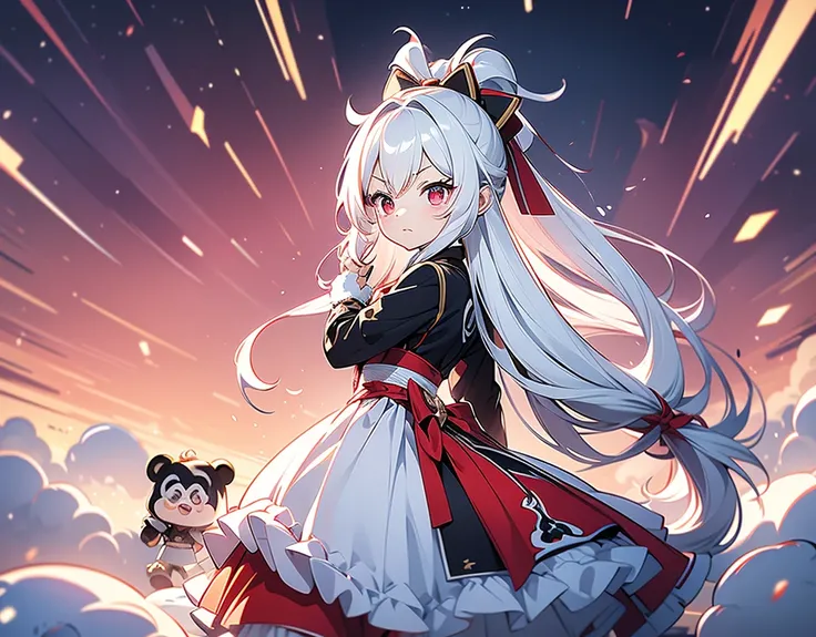 1 personの女の子(Chibi,human, cute,Cute, small ,Age 10,White Hair, long hair,bangs,(Fluffy white bunny-), red eye , Big Eye,Beautiful sparkling eyes,Skin color is white,big  black hairbow, white frill dress :1.3,chest,  view from the ground  , holding popcorn ...