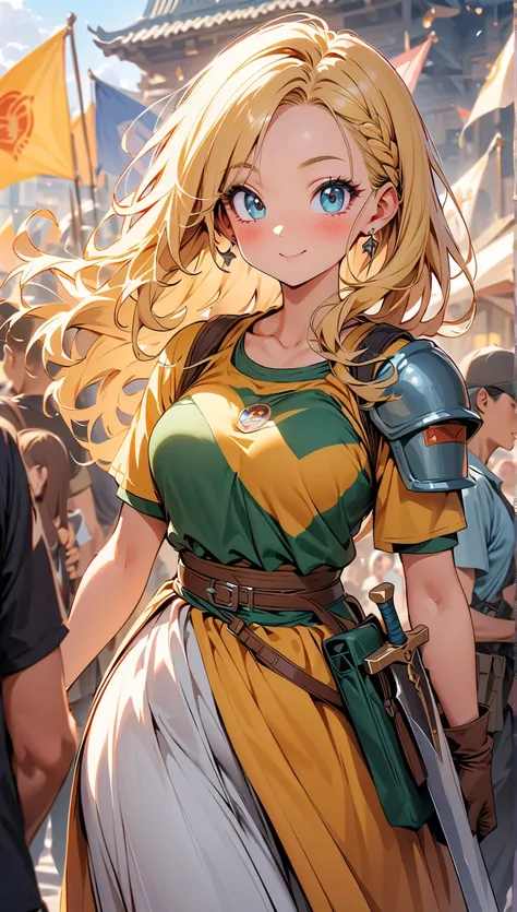 [1girl, bulma (dragon ball), dragon ball],(best quality, masterpiece), 1girl, standing, knight with a sword, armour, Soldiers, Golden City, in crowd, flags, (depth of field:1.3), long hair, braid, beautiful detailed eyes, (cute eyes) (Carving Waistline), (...