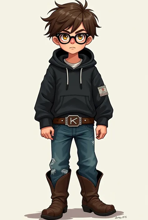 A drawing of a boy teenager with black thin glasses, dark yellow eyes, brown fluffy hair, I have a slightly serious expression on my face, my ears are hidden by my fluffy hair, I wear a black grunts style hoodie with on my hoodie, the boy wears blue jeans ...