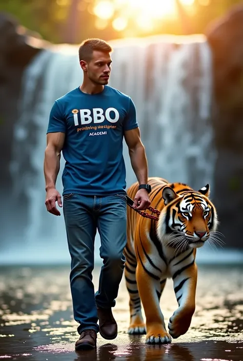  Create a picture of a man 170 cm tall , athletic body,  handsome white face ,  wearing a blue shirt with the inscription IBBO Printing designer ACADEMI, jeans trousers , rock shoes ,  WHILE leading a tiger with a harness ,  clear waterfall background ,  w...