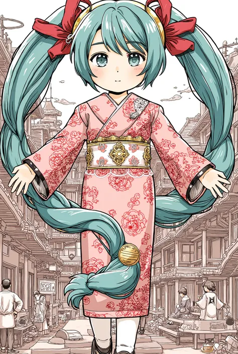 (masterpiece、 top quality 、 top quality 、 Official Art、beautiful beautiful:1.2)、( 1 girl:1.3) Hatsune Miku 、 twin tails,Big Breasted ,_ high school girl、kimono,Ink Art、(( top quality 、8k、​masterpiece:1.3))、( clear focus:1.2)、( Comic Book Style ),(),( Line ...