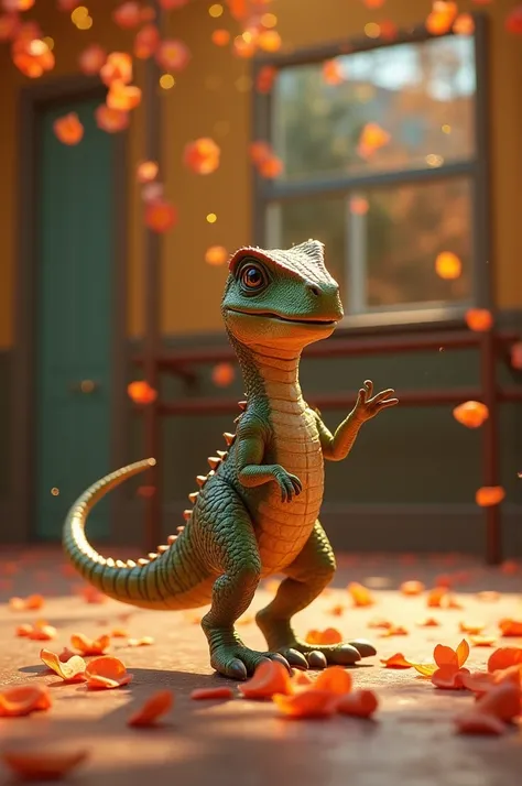  A mini dinosaur , dancing bachata ,  in the background a dance studio ,  extremely detailed 8k image ,  with petals falling from above in warm colors