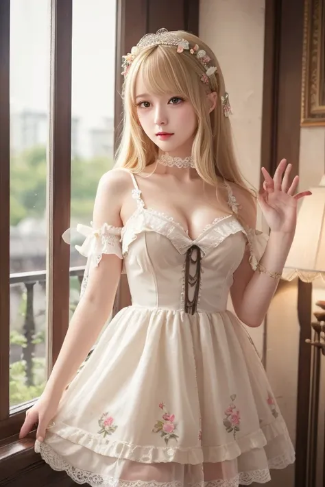  top quality , very detailed,masterpiece, ultra detail, illustration,Blonde , hair accessories,stand,indoor,  Unbelievable_ absurd, 1 girl, medium bust , Nose Blush , realistic, long hair,summer_ dress, Garter Strap ,Bishoujo Town ,Waving SV98