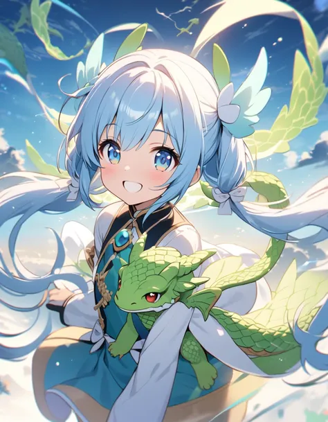  long light blue hair 、  cute girl with twin tails  、smile、Green dragons and white snakes are flying in the sky、