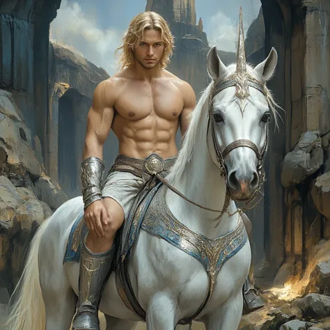 young blond man wearing a shiny silver thong showing his muscles riding on top of an all-silver horse with silver armor,  full body. sexy warrior , fantasy, HD.