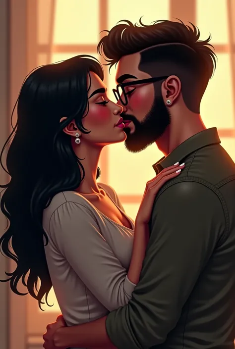 a woman with long black hair gives a kiss on the cheek to her black-haired boyfriend, beard and glasses 