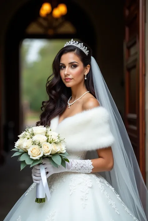 Pretty young  bride,brunette hair curly long lace edged veil,attached to tiara falling around her hair over shoulders bride ,pearl necklace and earrings elbow length white gloves ,white mink stole,ball gown wedding dress lace overlay stands in church entra...