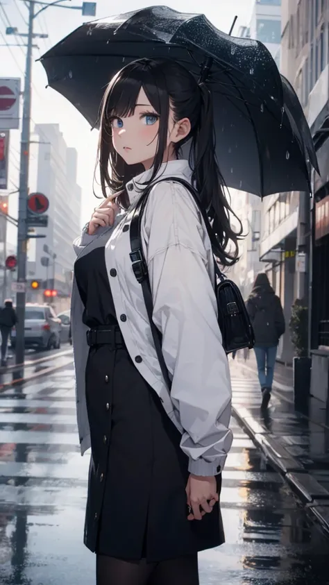 (Ridiculous high resolution, high resolution, masterpiece, Extremely detailed:1.2), 1 Girl,blue eyes, Black long hair,high ponytail，white shirt, black pencil skirt, White handbags、Pantyhose、City Streets,Cowboy-shot, stern look, rain, raindrops, wet chlothi...