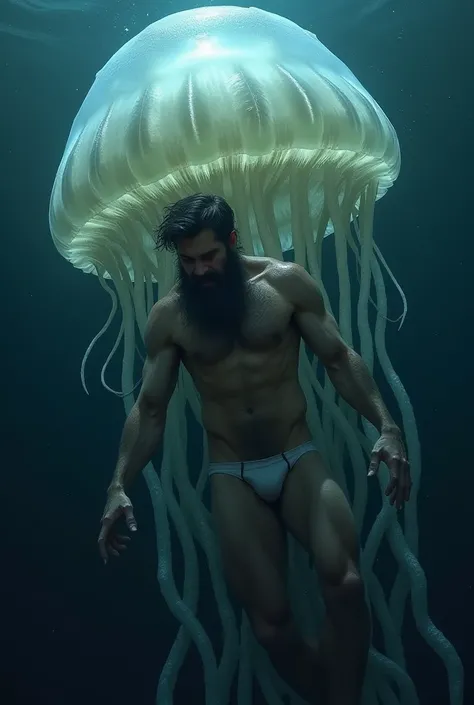 Young hairy man in his underwear eaten alive by a jellifish underwater