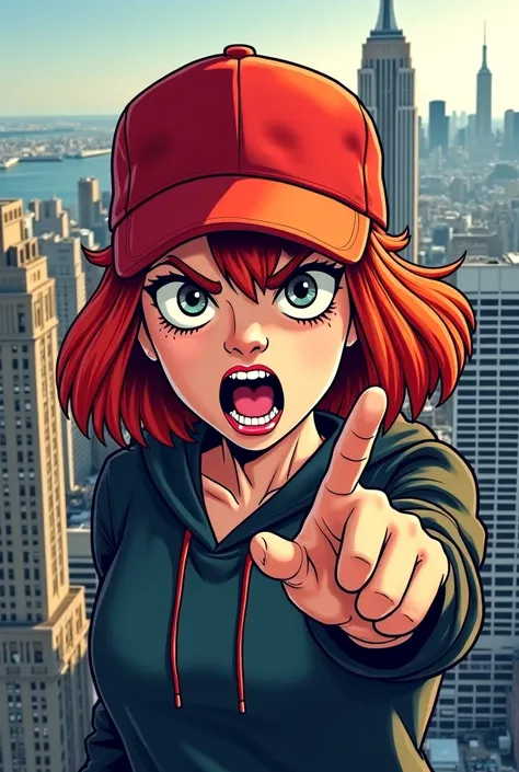 DETAILED ILLUSTRATION OF HIGH GRAPHICS MODERN COMIC STYLE  , Young woman,  twins with red hair, red cap and dark gray hood , On the roof ,   in the background New York City,   furious very angry shouting and pointing with her index finger,  outraged realis...