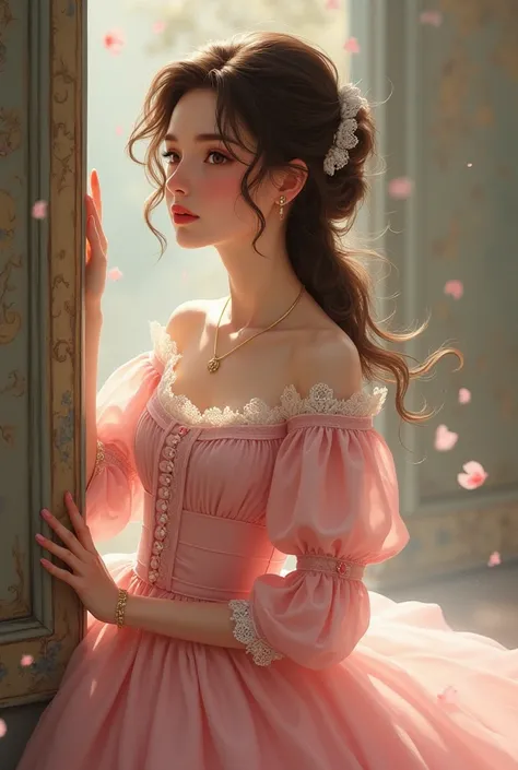 A   wearing Maria Chiquinha with brown hair and an antique pink dress