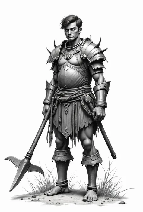  create in black and white drawn in pencil of a brown indigenous with white eyes,  short brown hair wearing imposing armor complete with bare feet , pickaxe and long knife with runes tied around the waist in the forest  