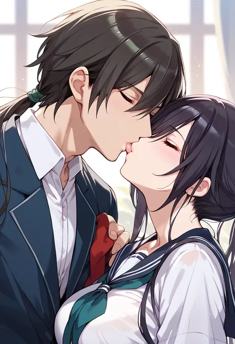 kiss,1man,1woman, shirase_sakuya,black_hair,long_hair,high_ponytail,close eyes,large_breasts,school_uniform,white_shirt