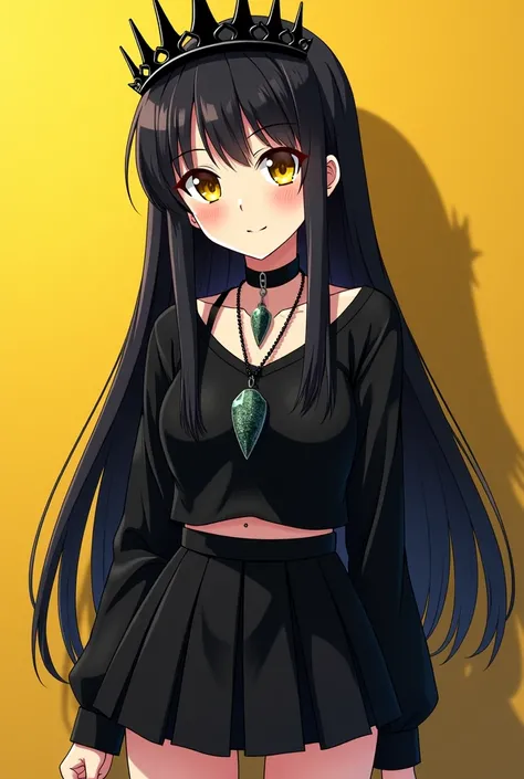 Seventeen-year-old anime girl with black and yellow dark yellow eyes with a black skirt a necklace with thorns a black tiara on her head like a gothic size long gray slightly ripped a short skirt with a pimp I keep (My hero academia anime style) con una bu...