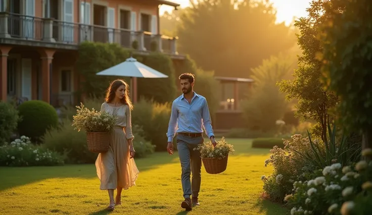 Sofia walks through the villa gardens at dawn, carrying a wicker basket filled with freshly cut flowers. The early sunlight casts a golden glow over her figure, highlighting her graceful movements despite her humble attire. She appears focused and purposef...