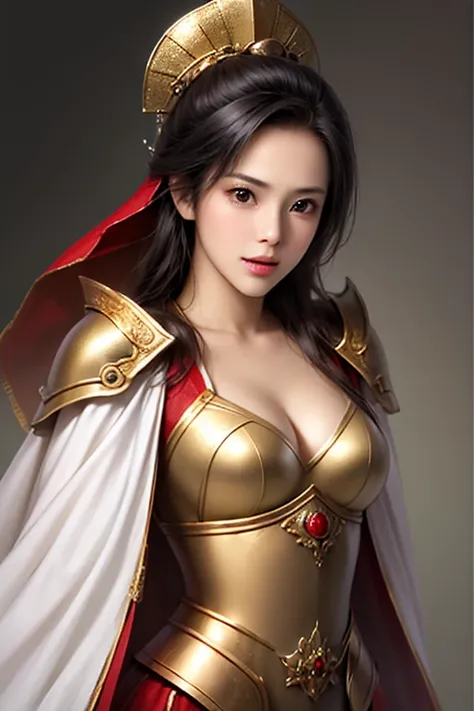 ((The upper body of a female warrior wearing gold and red light armor and a cloak:1.5)),1 person,  black hair,  belly shortcut   ,Big breasts and cleavage,  high-definition face and skin texture  ,  staring at the camera,   Chinese Warrior:1.2,  perfect be...