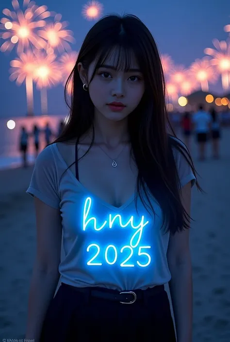 3886280439 (a beautiful teenage girl walking on the beach at night, holding "HNY 2025" small blue neon sign), european teen girl, around , (sheer t-shirt), ((sheer t-shirt revealing big titis)), flowing beautiful hair, bangs, ((large breasts)), (fireworks ...