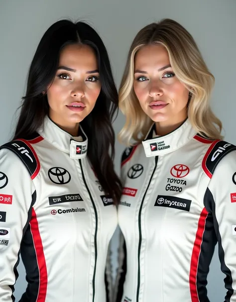 Photo, 8K, super detailed, ultra resolution, two separated female racing team Toyota Gazoo drivers wearing white with black and red details toyota logo in center. F1 racing slim suit. Driver 1 mulatto black hair, driver 2 german blonde hair, perfect breast...