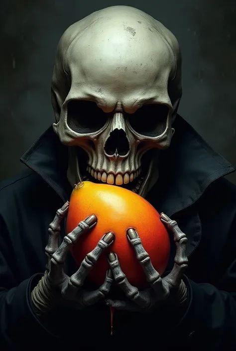 make a logo in dark horor look where skull have mango in his hans