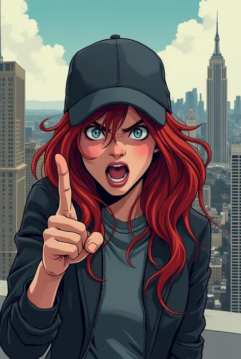 REALISTIC ILLUSTRATION OF HIGH GRAPHICS MODERN COMIC STYLE  , Young woman,  twins with red hair, red cap and dark gray hood , On the roof ,   in the background New York City,  furious, very angry, screaming and pointing with her index finger, indignant