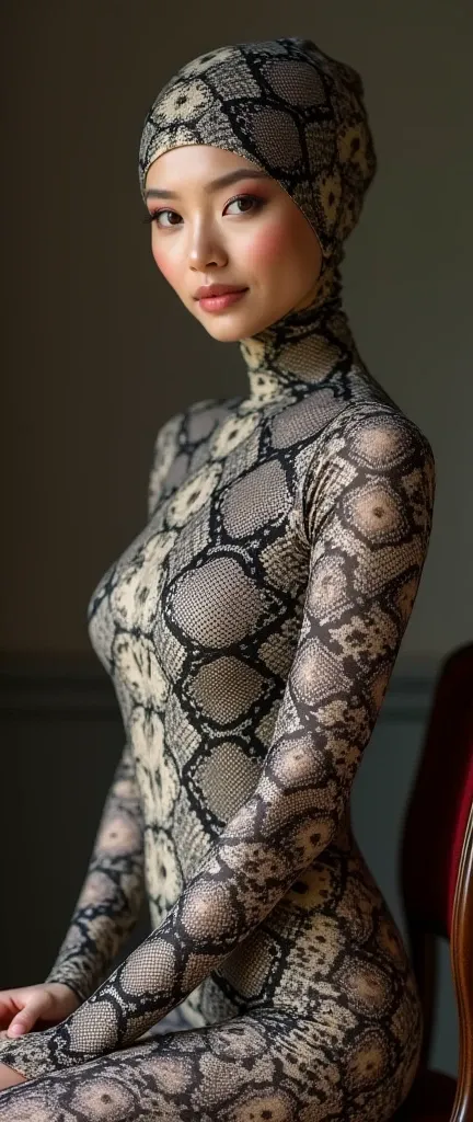 A 36 years old most beautiful and thinest Asian Chinese woman with beautiful cheeks wears burmese Python print lycra zentai turtleneck unitard catsuit covered with patterns.She always wear burmese Python print lycra inner hood-like stretchy swimming swimmi...