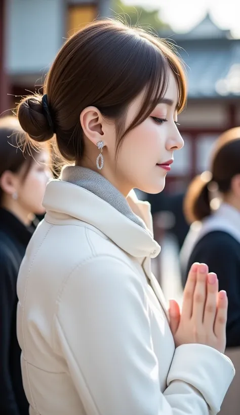 Side shot 、 close your eyes祈っている、 standing position 、Im wearing a white down jacket、 Im praying with my hands together in front of the main shrine、12Ｋ、ＨＤＲ、 bits deep 10 bits 、hooded down jacket、 Im wearing a knitted scarf around my neck 、 (  realistic ) , ...