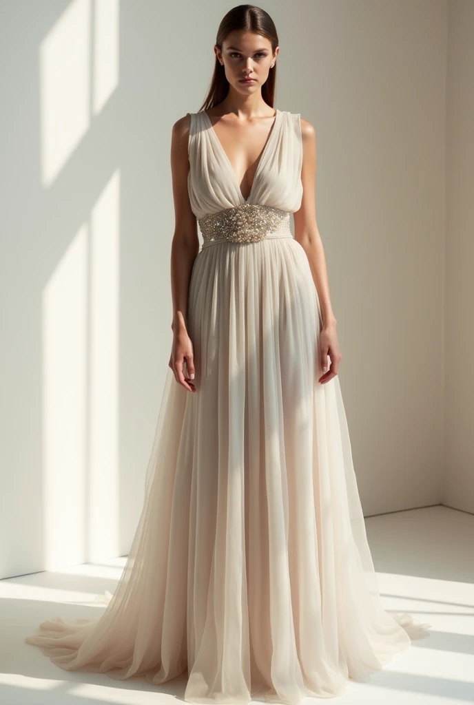  An elegant feminine look inspired by a curtain ,  with a fluid and voluminous dress that combines translucent and opaque fabrics.  The design features sophisticated drapes ,  delicate pleats and textured details that resemble classic curtains .  The color...