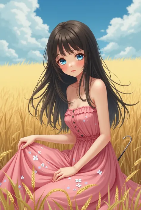 Image almost realistic drawing. A sunny field and a white girl with light blue eyes is found, long dark brown almost black hair, with a fringe. Delicate profile with subtle freckles, pink cheeks, Full, pink lips, a smile that is both tender and evil. She w...