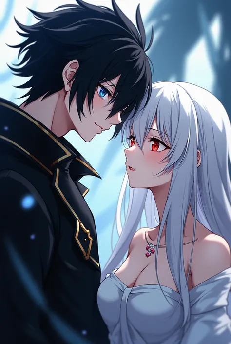 ANIME,A man with black hair and black eyes alternating with white eyes and a woman with white hair and red eyes on the right.