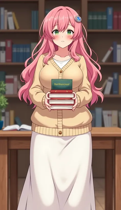   woman, fat, chubby, anime style, long pink hair, curly hair, litgh green eyes, embarrassed, red cheeks, cardigan begie, long white skirt, holding books in the library