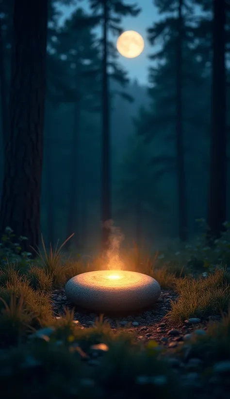 "Create an image of a glowing chakki (grinding stone) lying on the ground in a dark forest at night under a full moon. The chakki should emit a mystical, bright light that illuminates its surroundings, casting soft glows on nearby grass and trees. The back...