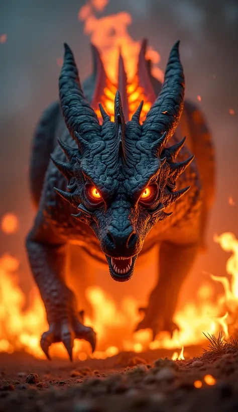 It generates an image and another realistic one with professional lighting of a black fiery dragon and comes back on fire. It has eyes of fire in the dark sky environment and many surrounding flames it must be coming towards the camera.