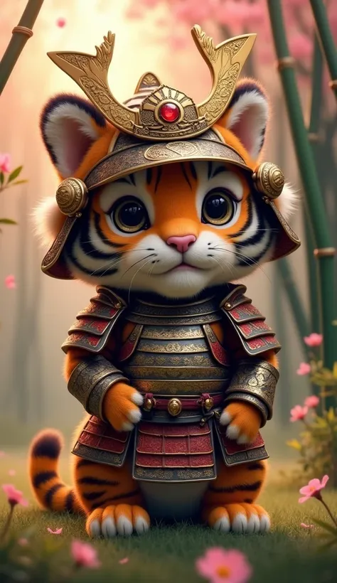  A super cute tiger ,  with soft and shiny orange and black fur ,  wearing samurai armor from ancient Japan .  The tiger has a cute expression ,  but at the same time powerful ,  with large, expressive eyes that convey both an aura of strength and softness...