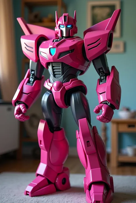  Arcee the autobot from transformers in the family room. Looking at and standing up super close to the camera like a selfie 
Arcee robot face
Dark metallic pink muscular autobot body
Small cute smile
Massive even robot  breasts
Beautiful eyes