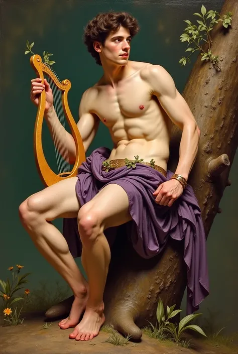   Ancient Greek style ,greek art, an oil paint painting on canvas , of a young Greek man of angelic beauty equal to the Greek gods ,oval face, defined jaw,dark brown wavy hair voluminous loose , thin athletic and voluptuous body , He is sitting on a tree t...