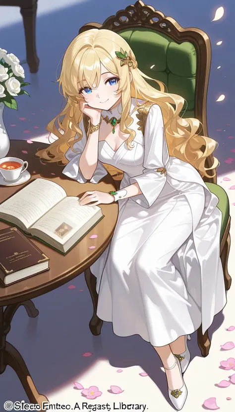 elegant style, soft realism, best quality, beautiful blonde-haired woman in intricate fantasy scholar dress, intricate fabric details, sitting gracefully, elegant jewelry, petals scattered on the ground, soft shadows, curious smile, open eyes, wavy hair, h...