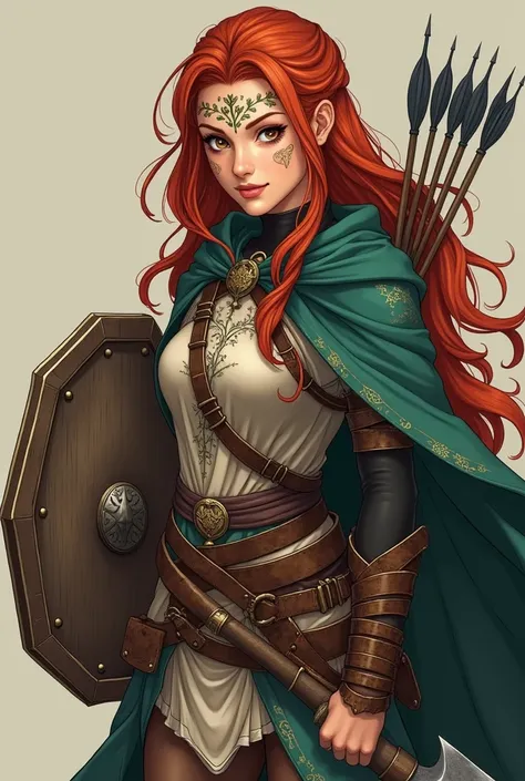 A woman Celtic warrior, her eyes were brown and her hair red, she holds a broad steel axe with a leather handle and a hexagonal shield, she has war paint on her face and light leather armor with tree and flower markings, her sleeves are black and she wears...