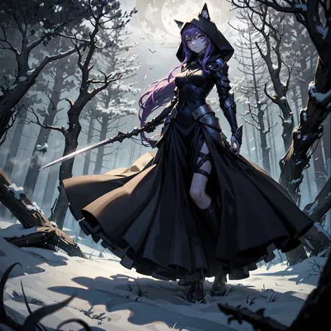 (((masterpiece, best quality, high detailed, 16k))) (1girl) A mysterious and deadly lone wolf warrior with long, flowing purple hair that cascades down her back, slightly hidden beneath a dark hood. Her eyes are a piercing silver, glowing faintly in the sh...