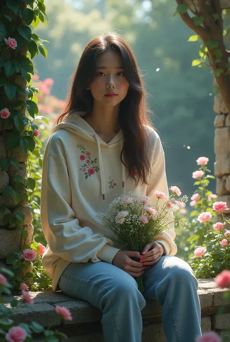 there is a woman sitting on a wall with flowers in her hand, una imagen inspirada por Ma Yuanyu, tumblr, realism, sitting with flowers, with flowers, with ivy,  wearing a hoodie with flowers , Sentado in the garden de rosas,  photo taken in 2 0 2 0 , with ...