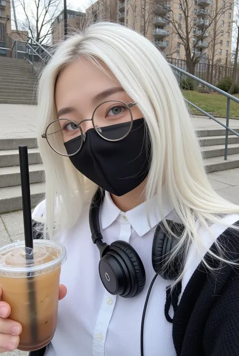 A young individual with long white hair wearing a black face mask, large round glasses, and a white shirt with black sweater, doing selfie poses sideway. And holding an iced tea in there hand, They have headphones resting around their neck, The background ...