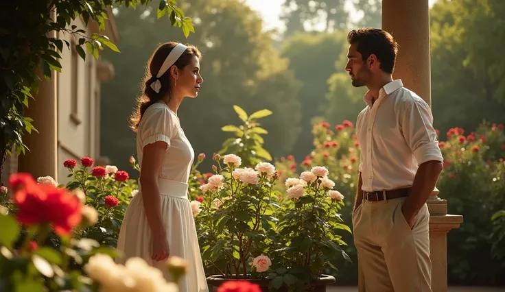 Sofia, the maid, stands in the corner of the villa’s rose garden, watering a bed of blooming red and white roses. The sunlight filters through the leaves, casting a golden glow over her simple maid’s uniform. Lorenzo, leaning against a nearby column, watch...