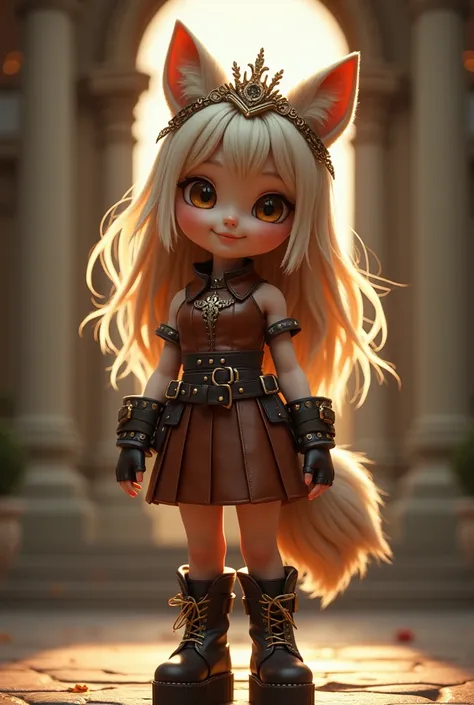     high image quality 、   High Quality   、 petite girl、   big eyes、smile、pure、  crown、  wolf ear、  wolf tail  、 blondes、  Platform Boots、  princess、   leather bondage dress